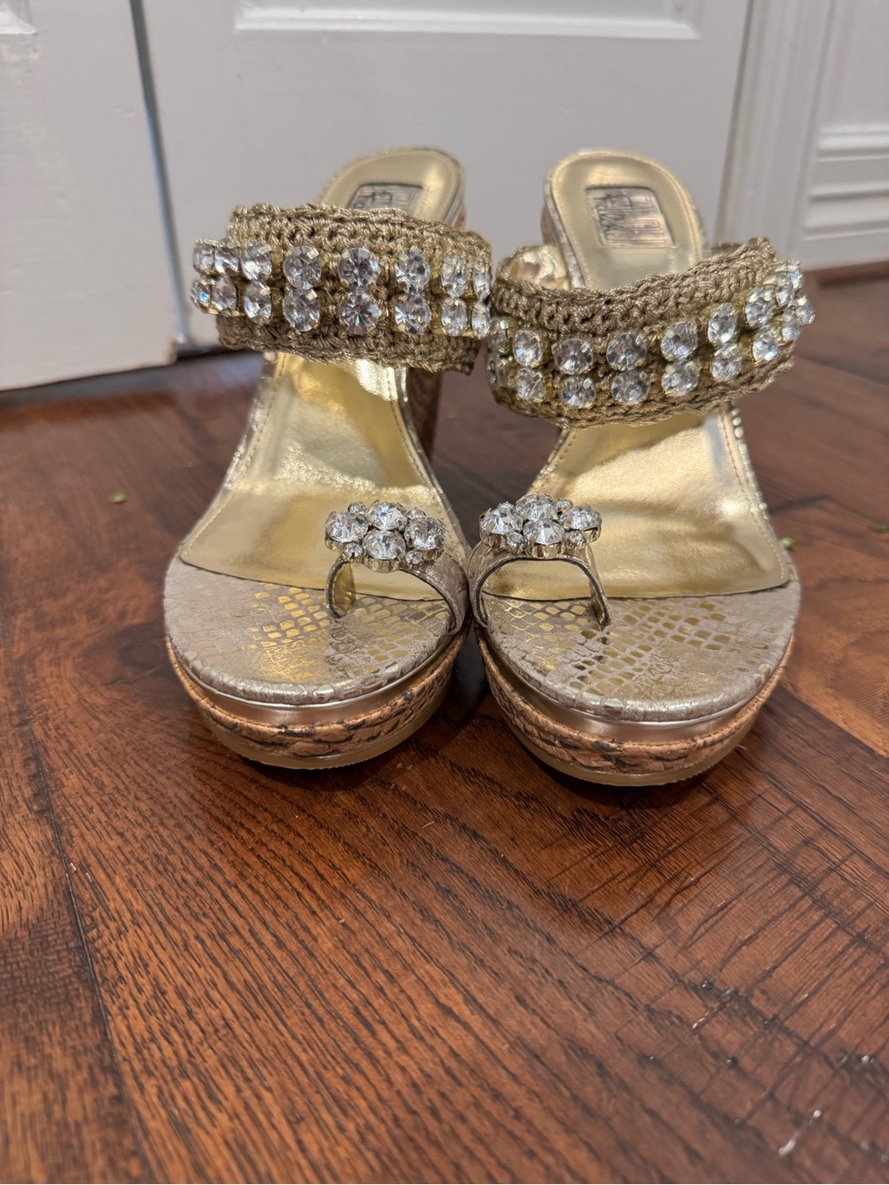 FIONI Clothing Metallic Gold Jeweled Crochet Slide Sandals - Picture 2 of 11